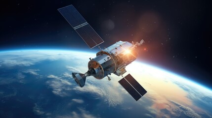 Obraz na płótnie Canvas modern satellite spacecraft orbiting the Earth. The satellite tracks the Earth. Space technology