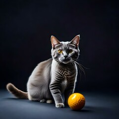 a cat with Its sleek and velvety gray fur , Its almond-shaped eyes , With dainty paws, playing with  a ball ,realistic picture .
