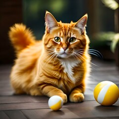 a cat with Its sleek and velvety gray fur , Its almond-shaped eyes , With dainty paws, playing with  a ball ,realistic picture .
