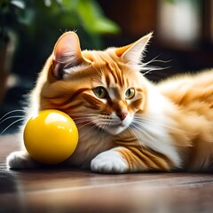 a cat with Its sleek and velvety gray fur , Its almond-shaped eyes , With dainty paws, playing with  a ball ,realistic picture .
