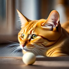 a cat with Its sleek and velvety gray fur , Its almond-shaped eyes , With dainty paws, playing with  a ball ,realistic picture .
