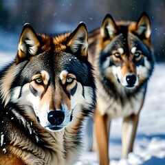 A couple of wolf , snow in backround .