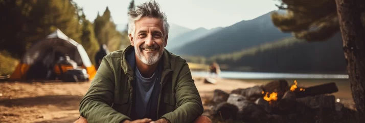 Foto op Plexiglas Happy and healthy senior man smiling while enjoying an active lifestyle in nature and outdoor camping © Adriana