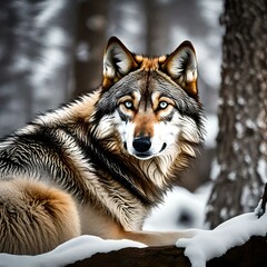 A couple of wolf , snow in backround .