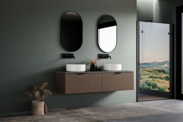 Modern bathroom interior in minimal scandinavian style with vanity, double sink, bathtub and shower. 3d Rendering