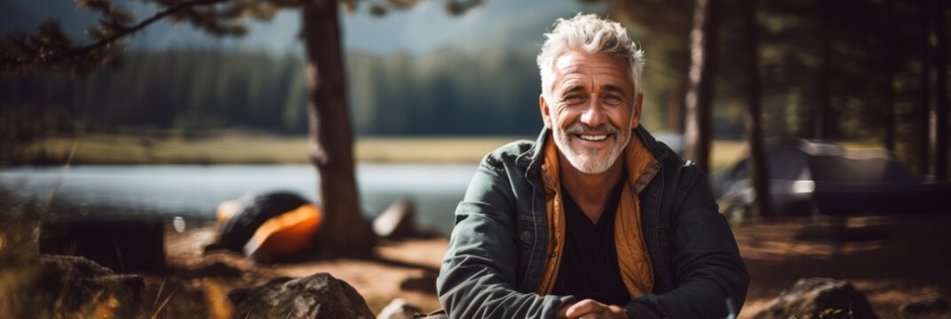 Happy and healthy senior man smiling while enjoying an active lifestyle in nature and outdoor camping