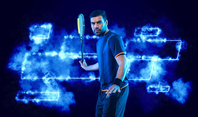 Squash player on a squash court with racket. Man athlete with racket on court with neon colors....