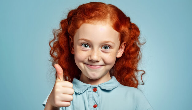 Smiling small ginger red curly hair girl with freckles. Showing thumb up approving gesture. She looks cute and innocent, but is probably little rascal. Generative AI