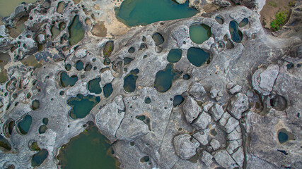 Aerial view above 3000 bok unseen beautiful rock of Mekong river..Amazing big rock with many...