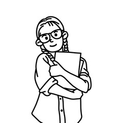 Beautiful teenager with books smiling. A girl with glasses holding books. Smart student. College student.