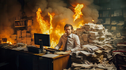Burnout, Employee hates his job, office is on fire, time for something new, job search, job wanted, employment agency, documents burned, digital office, files destroyed, Generative AI