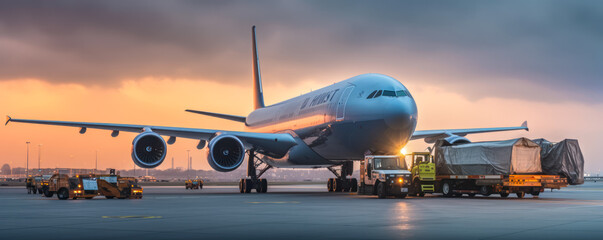 Commercial cargo air freight airplane loaded at airport in the evening, Generative AI