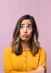 Fototapeta premium Young woman with uncertain - I don't know - funny expression, thinking, large open eyes. Generative AI