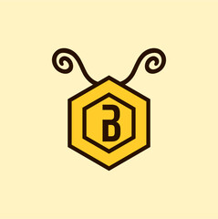 Cartoon bee logo design with letter B and hexagons concept.