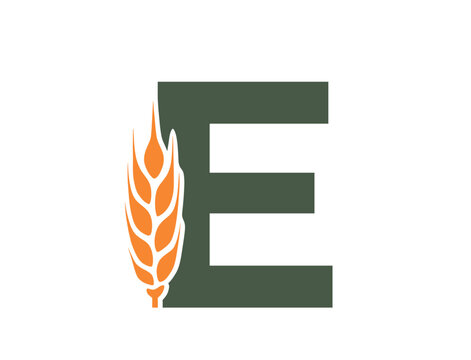 letter e with wheat ear. harvest alphabet logotype symbol. agriculture, grain crops and cereal farming design