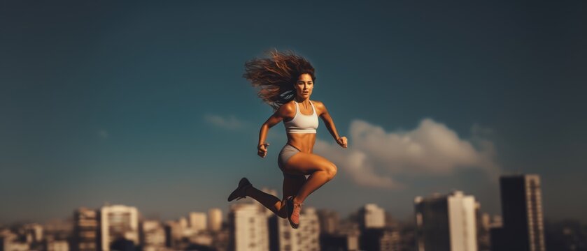 athletic attractive young woman running a marathon in the streets 