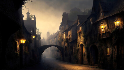 Obraz premium Illustration a foggy European medieval street in the morning - AI generative