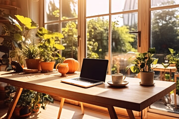 Fototapeta premium wooden table with laptop computer, modern workplace in bright scandinavian interior, plants in pots, created with Generative AI