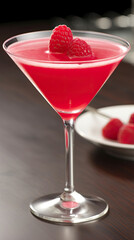 a vibrant red cocktail garnished with fresh raspberries in a elegant martini glass