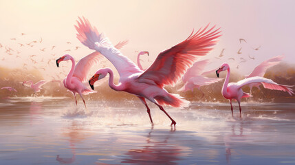 a group of elegant flamingos standing in a serene body of water