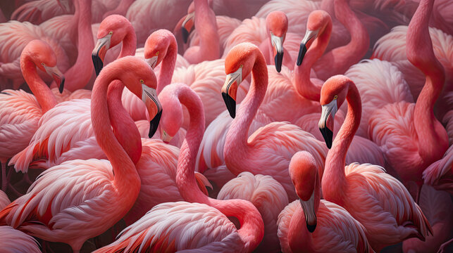 a flock of elegant pink flamingos standing in formation