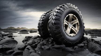 a truck tire sitting on top of a pile of rocks