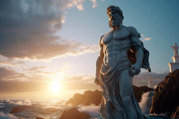 A Majestic marble statue of Poseidon, the ancient Greek god of the sea, Created with AI - obrazy, fototapety, plakaty