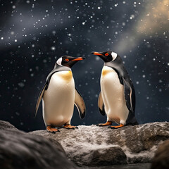 a pair of penguins standing on a rock
