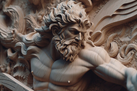 A Majestic marble statue of Poseidon, the ancient Greek god of the sea, Created with AI