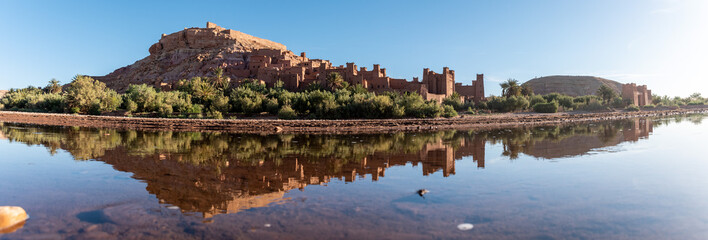 Sunrise over the beautiful historic town Ait Ben Haddou, famous berber town with many kasbahs built of clay, UNESCO world heritage