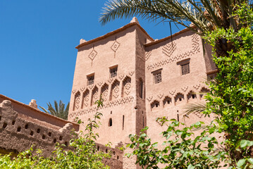 Traditional ornate facade of a Moroccan Kasbah at famous Road of the Kasbahs