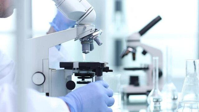 Assertive male scientist looking through a microscope