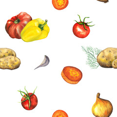Watercolor seamless pattern with hand drawn vegetables carrot, onion, cherry tomato, garlic, bell pepper, potato, dill. isolated on white background. healthy plants for print, fabric, wrapping paper