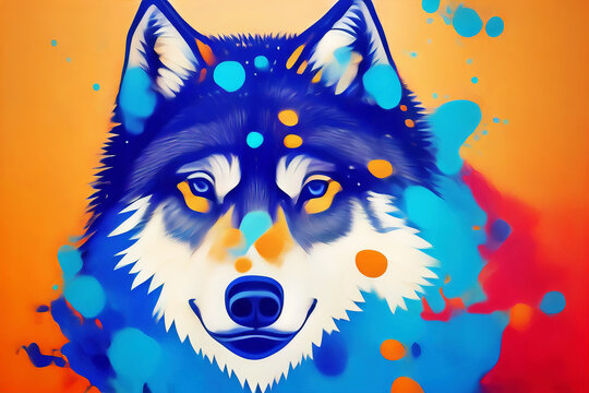 Beautiful multi-colored illustration of the muzzle of a wolf. paint splatter effect. AI-generated