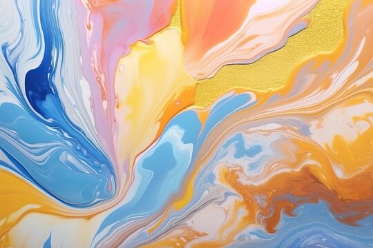 Abstract fluid acrylic painting. Modern art. Marbled orange, blue, pink and gold yellow abstract background. Fluid art texture. Mixed paints for interior poster