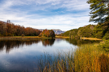 Landscape of the Manso River from a bridge on Provincial Route 82, in autumn, on the way to Cerro Tronador,  Bariloche, Rio Negro, Argentina.
