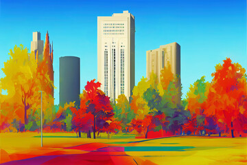 Autumn cityscape with beautiful lawns, trees and skyscrapers. AI-generated