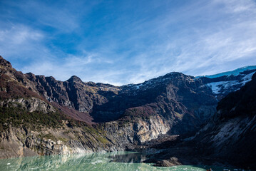 View of the "Ventisquero Negro", Black Glacier, and Manso Lake at the base of Cerro Tronador, Río Negro, Argentina.