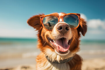 Happy laughing dog in the sunshine on the beach. Vacation concept. Generative AI.