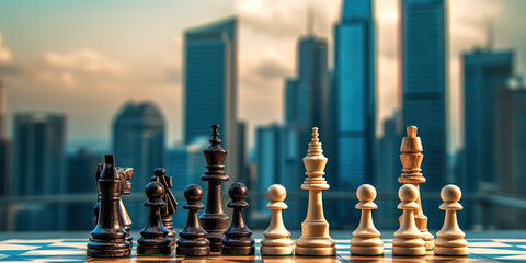 Chess pieces on the background of skyscrapers. Generative AI.