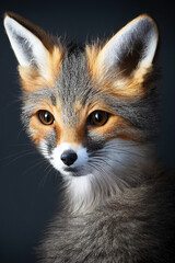 Portrait of a fluffy animal on a dark background. The animal looks like a cat and a fox. AI-generated
