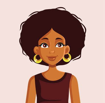 Happy Portrait of a Woman of African Ethnicity Vector Illustration. Pretty girl having an afro hairstyle and big statement earrings
