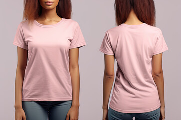 Photo realistic female pink t-shirts with copy space, front, and back view