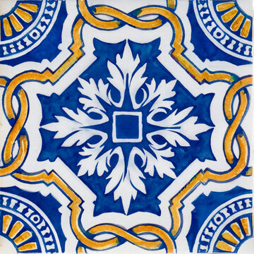 Watercolor illustration of portuguese ceramic tiles pattern