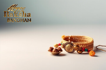 Happy raksha bandhan. Decoration Ornament. Hindu full moon of month shravan. Sale banner or poster for indian festival of raksha celebration. Indian brother and sister festival. Brahman cord.