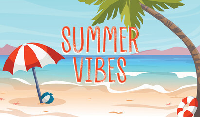 Summer vibes. Illustration of tropical beach umbrella, ball and palm near sea. Banner design