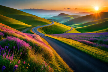 Road between beautiful hills, mountains, snow and desert, Created with AI tool