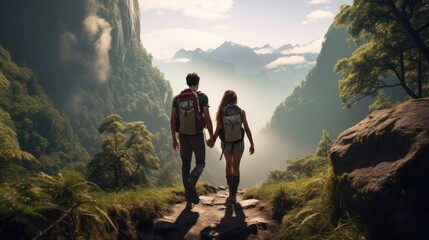 Fototapeta premium young couple hiking through the nature - people photography