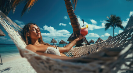 Relax Tropical Paradise. Woman lying in a hammock with cocktail drink surrounded by palm trees, with a paradisiacal beach in the background. Relaxation and paradise getaway concept. AI Generative
