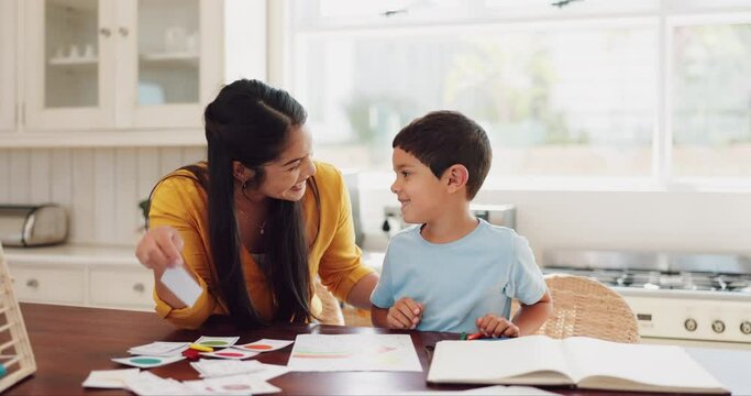 Homework, mother and son with education, high five and success with activity, notebook and conversation. Female parent, student and kid with child development, home and studying with hand gesture